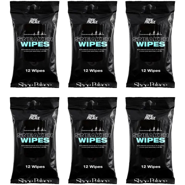 Six packs of Shoe Palace Sneaker Wipes, 12 wipes each, are arranged in two rows of three against a white background.